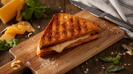 Sandwich with cheese and basil on wooden background. Top view.の素材