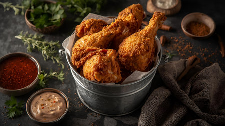 Crispy fried chicken legs with spices and herbs on dark backgroundの素材