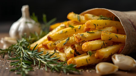 Fried potatoes with garlic and rosemary on a wooden table.の素材