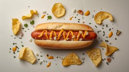 Hot dog with chips and vegetables on a white background, top viewの素材