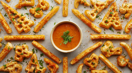 Crispy bread sticks with curry sauce on grey background, top viewの素材