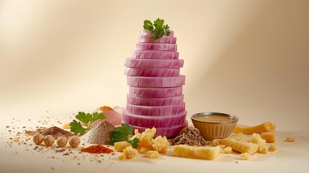 Sliced red onion with ingredients for cooking on beige backgroundの素材