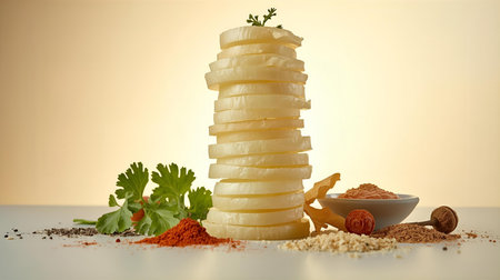 Sliced mozzarella cheese with herbs and spices on tableの素材