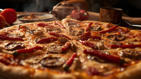 Pizza with meat, mushrooms and red pepper on a wooden tableの素材