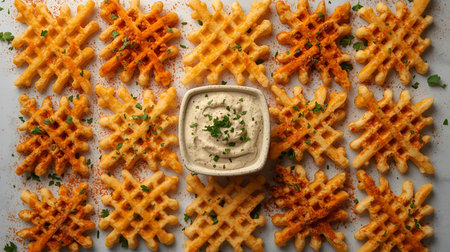 Traditional belgian waffles with cream cheese and parsley, top viewの素材