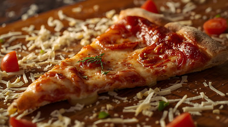 Pizza with mozzarella cheese and tomato on a wooden boardの素材