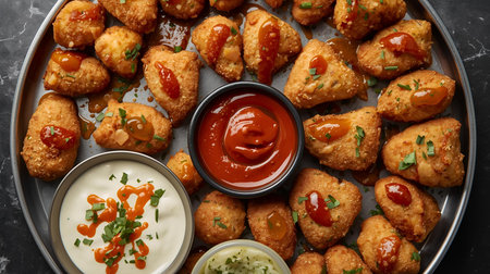 Indian chicken tikka masala or chicken nuggets served with sauces as top view in a bowlの素材