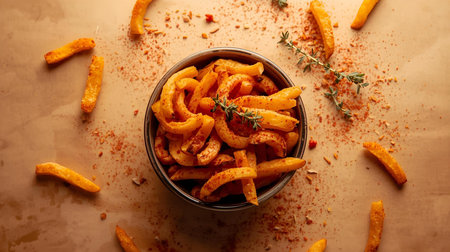 Bowl of sweet potato fries with thyme on rustic backgroundの素材