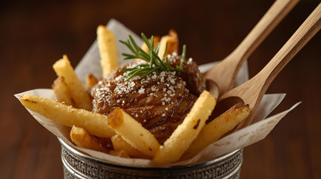 Steak with french fries and rosemary on a wooden background.の素材