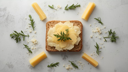 Delicious toast with butter and herbs on light background, top viewの素材