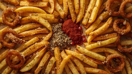 French fries with paprika and salt on wooden background, top viewの素材