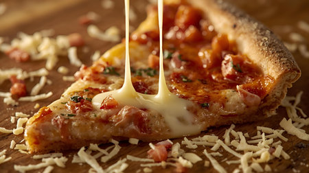 Pizza with bacon and mozzarella cheese on a wooden boardの素材