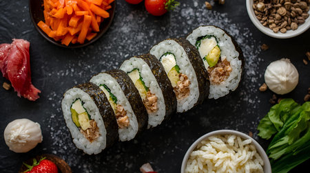 Sushi rolls with tuna, cucumber, avocado and mozzarellaの素材