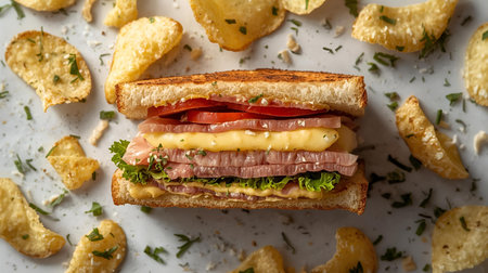 Delicious sandwich with ham, cheese, parsley and potato chipsの素材