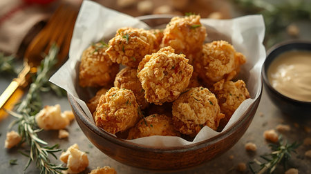 Bowl with tasty fried cauliflower balls on table, closeupの素材