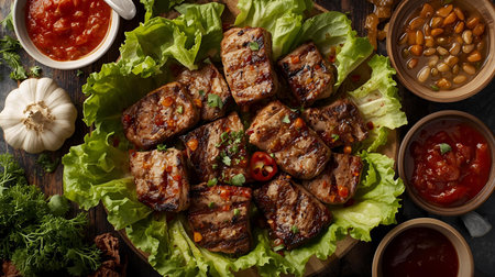 Grilled meat with vegetables and sauces on wooden background. Top viewの素材