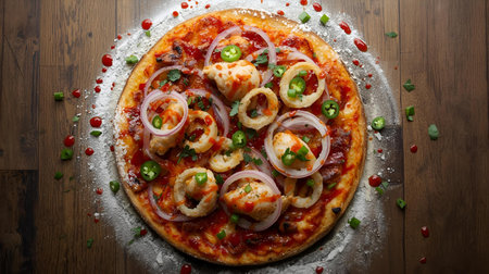 Seafood pizza with shrimps and squid rings on wooden backgroundの素材