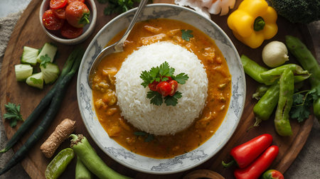 Indian chicken curry with rice and vegetables on rustic wooden background.の素材