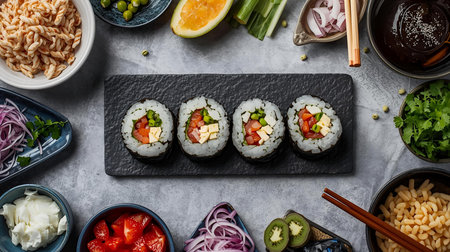 Sushi rolls with salmon, avocado, cucumber, red onion, tomatoes, wasabi, ginger, soy sauce, wasabi and chopsticks on a stone backgroundの素材