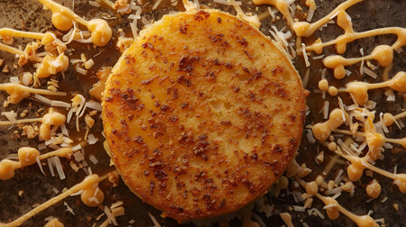 Potato pancakes with cheese, top view, close-up.の素材