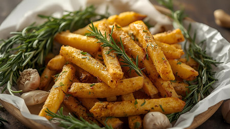 french fries with rosemary and garlic on wooden table, closeupの素材