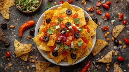 Nachos chips with salsa, cheese, guacamole and vegetablesの素材