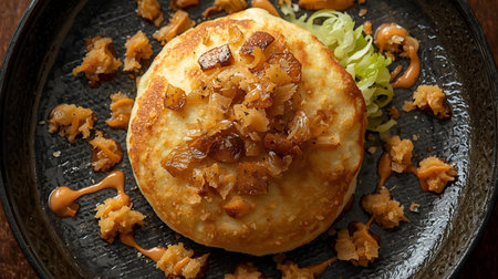 Pancakes with caramelized onions and raisins on a plateの素材