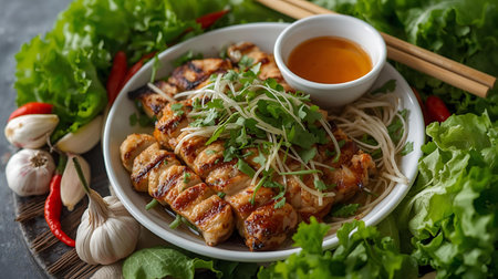 Grilled chicken with rice noodle and soy sauce. Asian foodの素材