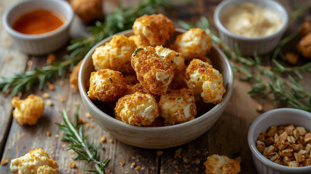 Homemade mozzarella cheese balls with herbs and sauce on wooden backgroundの素材