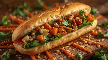 Vegetarian hot dog with carrot and parsley on wooden backgroundの素材