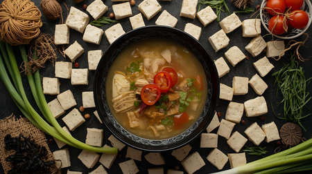 Japanese miso soup with tofu and vegetables on a black background.の素材