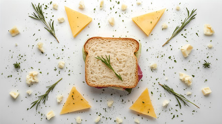 Sandwich with cheese and rosemary on white background, top viewの素材