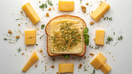 Toasted bread with cheese and herbs on white background, top viewの素材