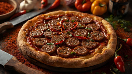 Pizza with sausages and vegetables on a dark wooden backgroundの素材