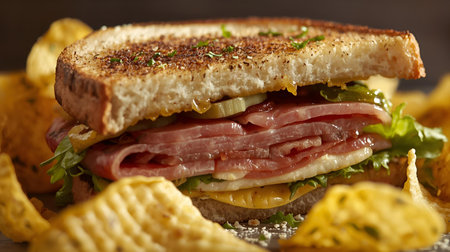 Sandwich with ham, cheese and vegetables on a wooden background.の素材