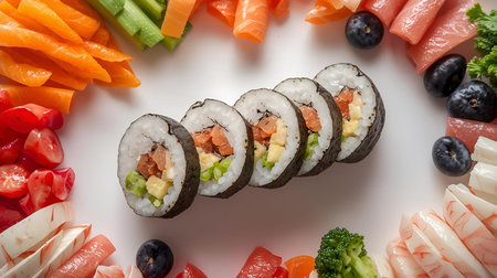 Sushi rolls on white plate, close-up, top viewの素材