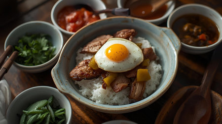 Rice with fried egg and pork in a bowl on wooden tableの素材
