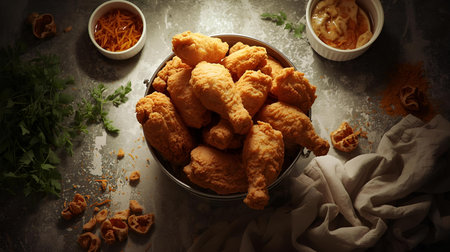 Fried chicken wings in a bowl on a kitchen table. Toned.の素材