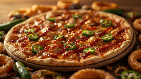 Pizza with prawns and jalapeno on wooden backgroundの素材