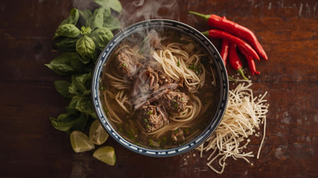 Thai noodle soup with beef and vegetables on wooden table.の素材