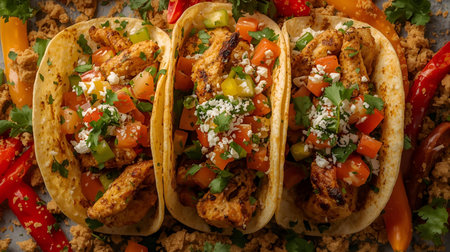 Mexican tacos with chicken and vegetables, top view, close-upの素材
