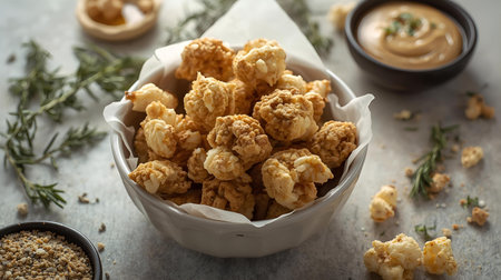 Bowl with tasty crispy chicken nuggets on table, closeupの素材