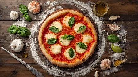Pizza margherita with mozzarella and basil on wooden backgroundの素材