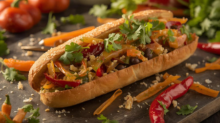Homemade hot dog with vegetables on a rustic wooden background.の素材