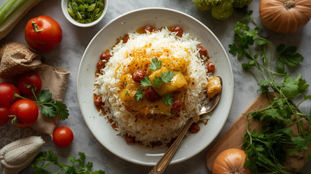 Curry rice with sausages and vegetables on a light backgroundの素材