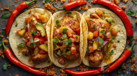 Mexican tacos with chicken, avocado, tomatoes, onions and salsaの素材