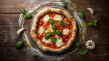 Pizza with mozzarella, tomatoes and basil on wooden backgroundの素材