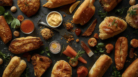Assortment of different appetizers on dark background. Top view.の素材