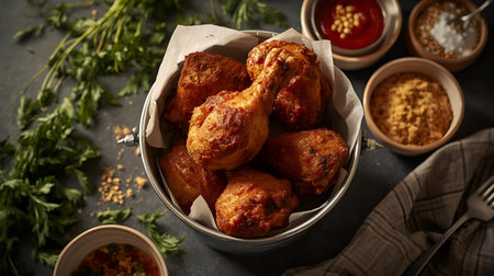 Crispy fried chicken drumsticks with spicy sauce in metal bowlの素材