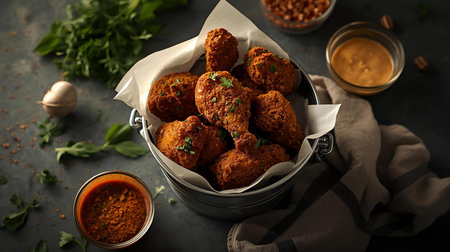 Tasty falafel balls with sauce on table, closeupの素材